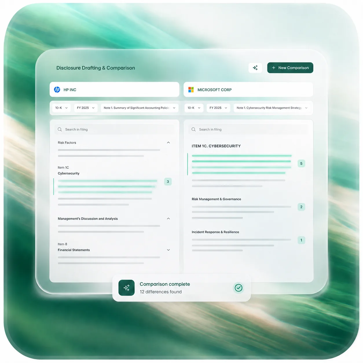 Finrep's side-by-side disclosure comparison (product illustration)