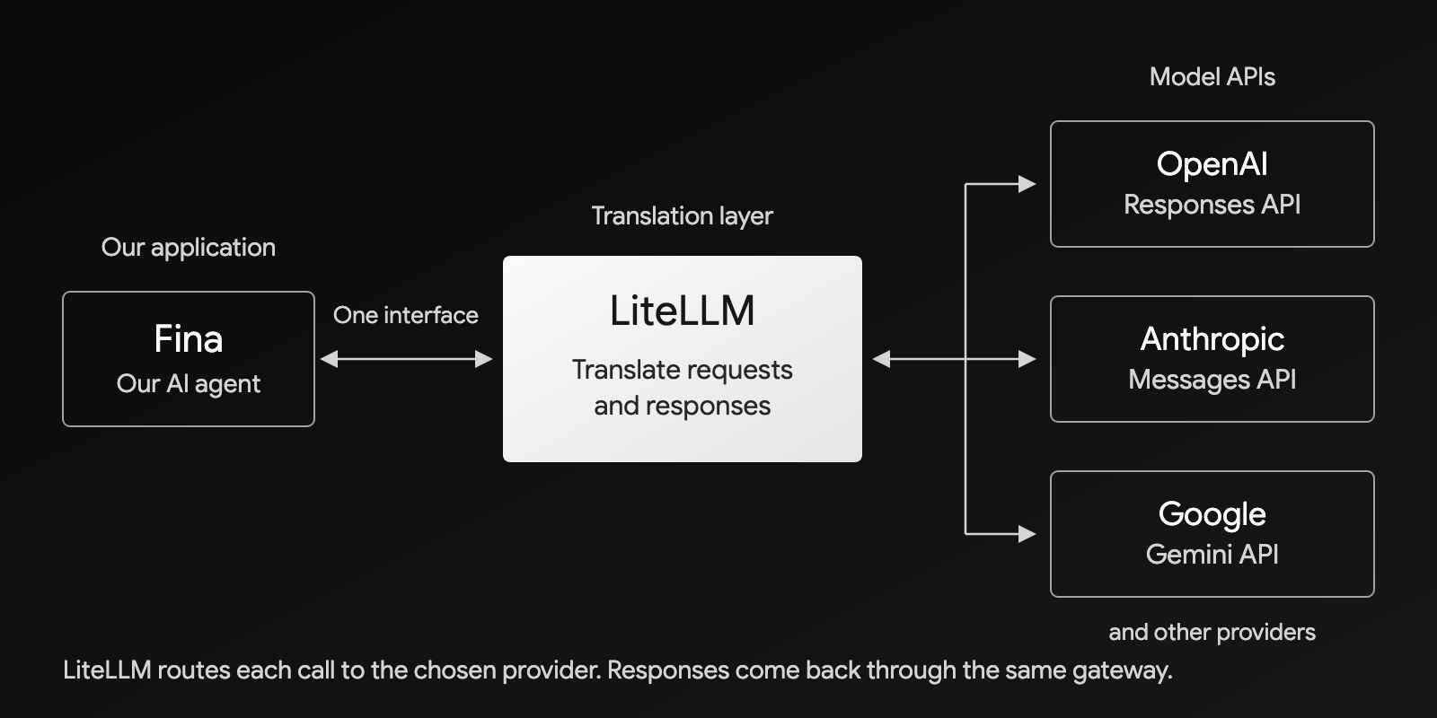 Fina connects through LiteLLM to OpenAI, Anthropic, Gemini, and other model APIs.